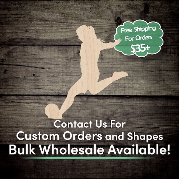 Girl Soccer Player Unfinished Wood Cutout Shape - Laser Cut DIY Craft Bulk Wholesale Pricing Engraved