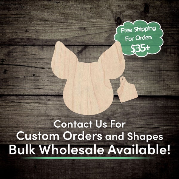 Pig Head with Tag Piglet Face Unfinished Wood Cutout Shape - Laser Cut DIY Craft Engraved