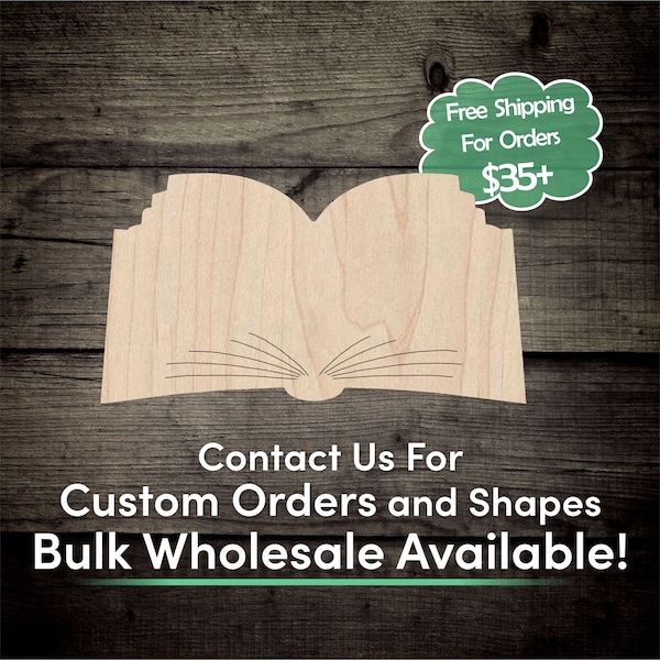 Open Book Unfinished Wood Cutout Shape - Laser Cut DIY Craft Bulk Wholesale Pricing Engraved