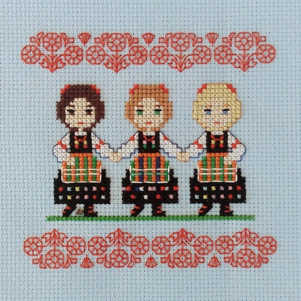 Polish Folk Dancers Cute Girls Cross Stitch PDF Pattern