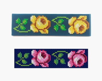 Roses Cross Stitch Border PDF, Pink and Yellow Flowers Bookmark Pattern