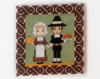 Thanksgiving Pilgrims Cross Stitch Pattern, Autumn Decor PDF