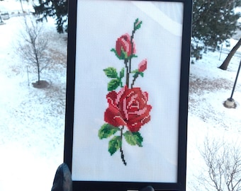 Red Roses Framed Cross Stitch, Flower Wall Decor