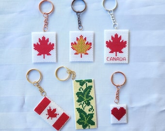 Maple Leaf, Canada Flag, Ivy, Heart, Cross Stitch Plastic Canvas Keychains