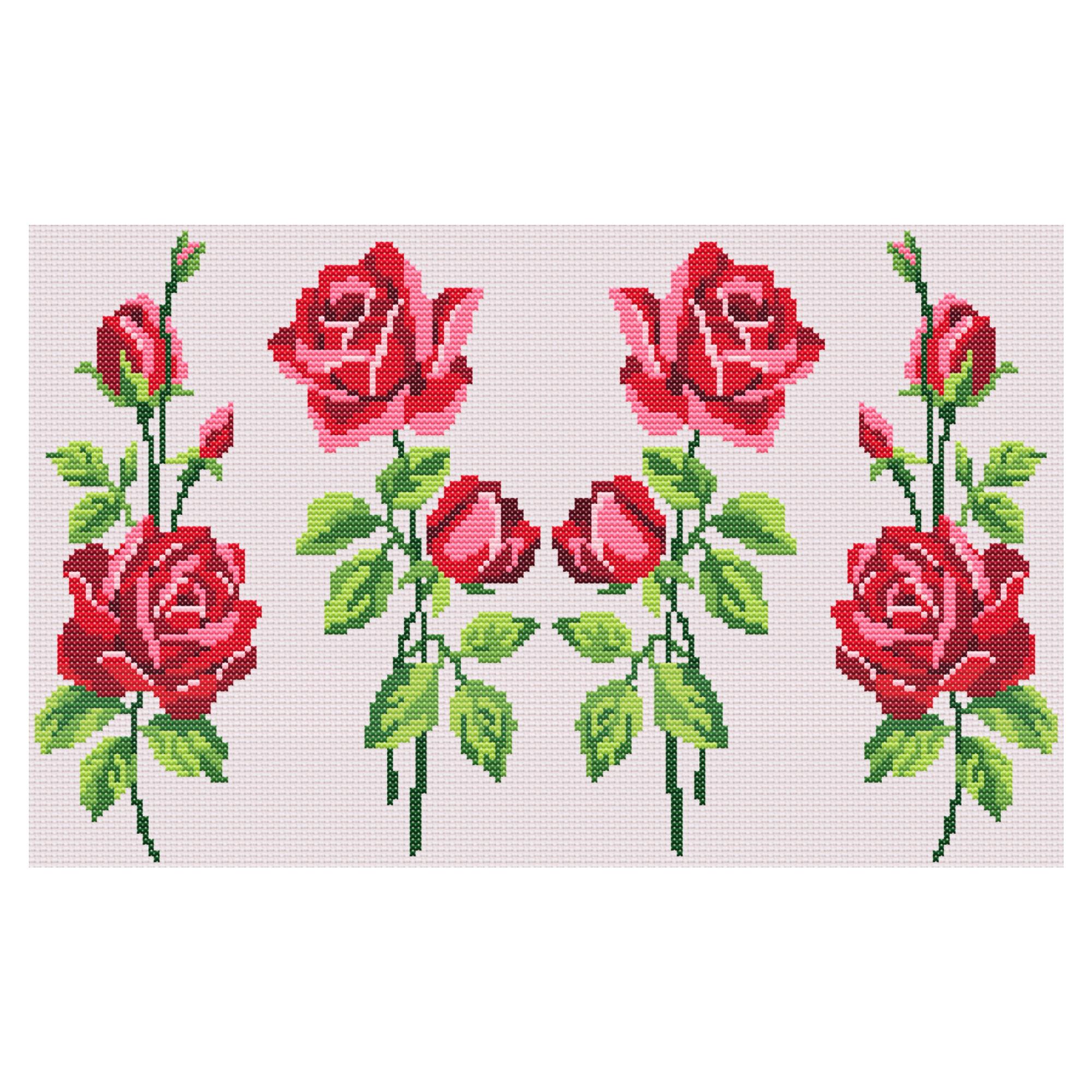 2つのバラの花束のクロスステッチPDF、赤い花のデジタルパターン