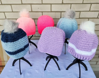 Ombré Crochet Hats, Detachable Pom Poms, Gradient and Striped Hand Knit Beanies