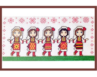 Macedonian Folk Dancers Cute Girls Cross Stitch PDF Pattern