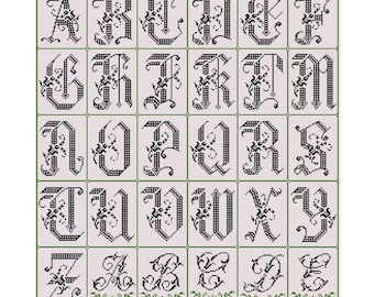 Plant Alphabet Cross Stitch Pattern, Elegant Gothic Letters PDF