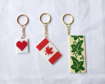 Heart, Canada Flag, Ivy Cross Stitch Plastic Canvas Keychains