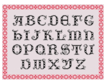 Bold Backstitch Alphabet Cross Stitch Pattern with Red Border, Large Monograms PDF