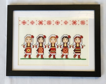 Macedonian Folk Dancers Finished Cross Stitch