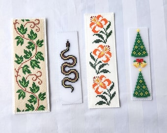 Plant Cross Stitch Bookmarks, Rose and Lily Flowers, Christmas Trees, Snake