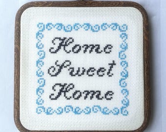 Home Sweet Home Cross Stitch Pattern, Cursive Calligraphy, Blue Square Frame PDF