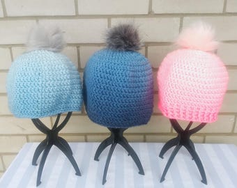 Ombré Crochet Hats, Detachable Pom Poms, Gradient Hand Knit Beanies