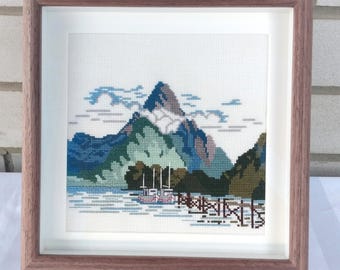 New Zealand Mitre Peak Cross Stitch, Mountain Sea Landscape, Square Wooden Frame