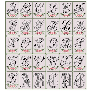 May include: A black and white alphabet cross stitch pattern with a floral design. Each letter is surrounded by a wreath of flowers and leaves.