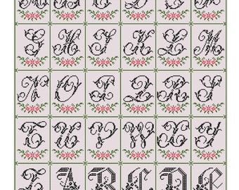 Plant Alphabet Cross Stitch Pattern, Elegant Cursive Letters PDF