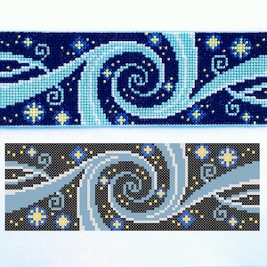 May include: A cross-stitch pattern of Vincent van Gogh's Starry Night. The pattern is in two parts, one with blue and white thread and the other with grey and white thread. The pattern is on a white background.