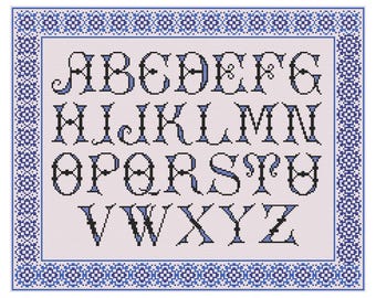 Two Tone Elegant Alphabet Cross Stitch Pattern with Blue Borders, Large Monograms PDF