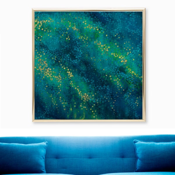 Abstract Painting INSTANT PRINTABLE DOWNLOAD file of Original Oil Painting, Teal Gold Navy Dark Blue Green Wall Art Print, Square Abstract