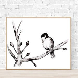 Chickadee Painting, Digital Bird Print, PRINTABLE DIGITAL DOWNLOAD, Black White Bird Wall Art, Bird Ink Painting, Chickadee Download Print