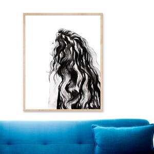 Portrait in Ink, Black and White Portrait Wall Art, Girl with Long Hair, Print of Original Ink Painting, Minimalist, Stylist, Hair Salon Art