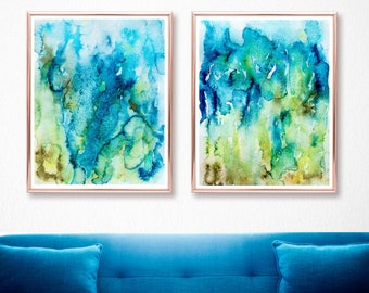 Set of Two Abstract Watercolor Printable Wall Art, INSTANT DIGITAL DOWNLOAD, Set of 2 Paintings Modern Art Prints, Blue Green Teal Turquoise