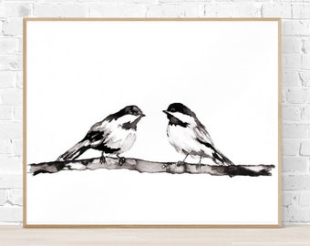 Chickadee Painting, Bird Print, PRINTABLE DIGITAL DOWNLOAD, Black White Bird Painting, Minimalist Bird Wall Art, Square Wall Art, Chickadees