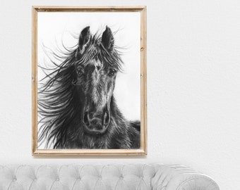Horse Drawing Wall Art, Charcoal Horse Pencil Drawing, Black and White Horse Print, Print or Original Horse Drawing, Large Horse Wall Art