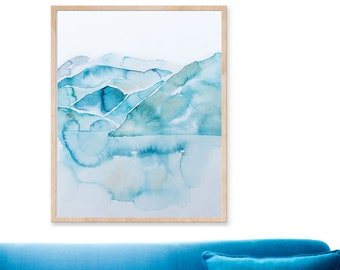 Blue Abstract Watercolor Mountains Wall Art, PRINTABLE DIGITAL DOWLOAD, Modern Art Painting, Mountain Lake Print, Teal, Aqua, Blue Wall Art