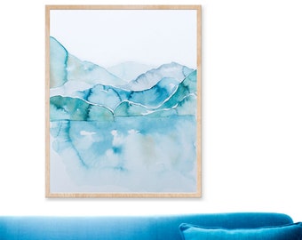 Mountain Lake Watercolor Painting, PRINTABLE DIGITAL DOWNLOAD, Blue Abstract Mountain Print, Mountain Lake Wall Art, Blue, Gray, Teal Print