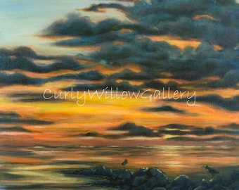 Ocean Sunset Sunrise TÉLÉCHARGEMENT NUMÉRIQUE IMPRIMABLE de peinture à l’huile, Beach Art, Seascape, Florida Art, Dark Grey Gold Yellow Blue Wall Art