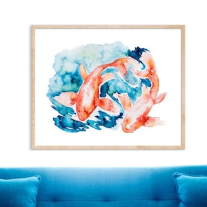 Koi Fish Painting, Watercolor Art Print, Print of Japanese Style Painting, Abstract Blue Orange Wall Art Print, Koi Fish Watercolor Wall Art