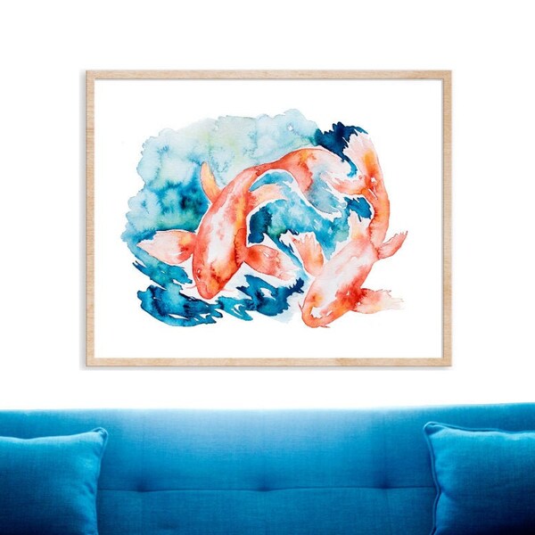 Watercolor Print, Koi Fish Wall Art, INSTANT PRINTABLE DIGITAL download, Japanese Style Fish Painting, Blue, Orange Wall Art, Watercolor Koi