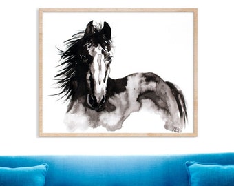 Horse Painting Black White, Watercolor Horse Wall Art, Black White Ink Abstract Horse Wall Art, Abstract Horse Oversize Extra Large Painting