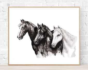 Horse Wall Art, Black and White Horse Painting, Print of Original Horse Painting Ink, Minimalist Horse Art, Horse Farmhouse Wall Art Decor