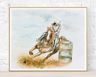 Horse Painting, Barrel Racing, Woman on Horse Wall Art, Horse Print Art, Western Horse Painting, Print or Original Horse Watercolor Painting