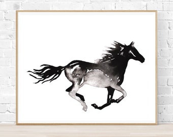 Horse Silhouette Wall Art, INSTANT PRINTABLE DIGITAL Download, Ink Painting, Black Stallion Painting, Black Horse Print Wall Art, Horse Art