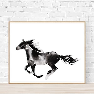 Pferd Silhouette Druck Galopp, Pferd Malerei, Pferd Wandkunst, Schwarz Weiße Pferde Silhouette, Pferd Druck, Geschenk für Frau, Aquarell, Tusche