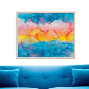 Arte de parede moderna abstrata colorida DOWNLOAD DIGITAL IMPRIMÍVEL, pôr do sol em aquarela, pintura em aquarela abstrata, azul brilhante, rosa, arte amarela