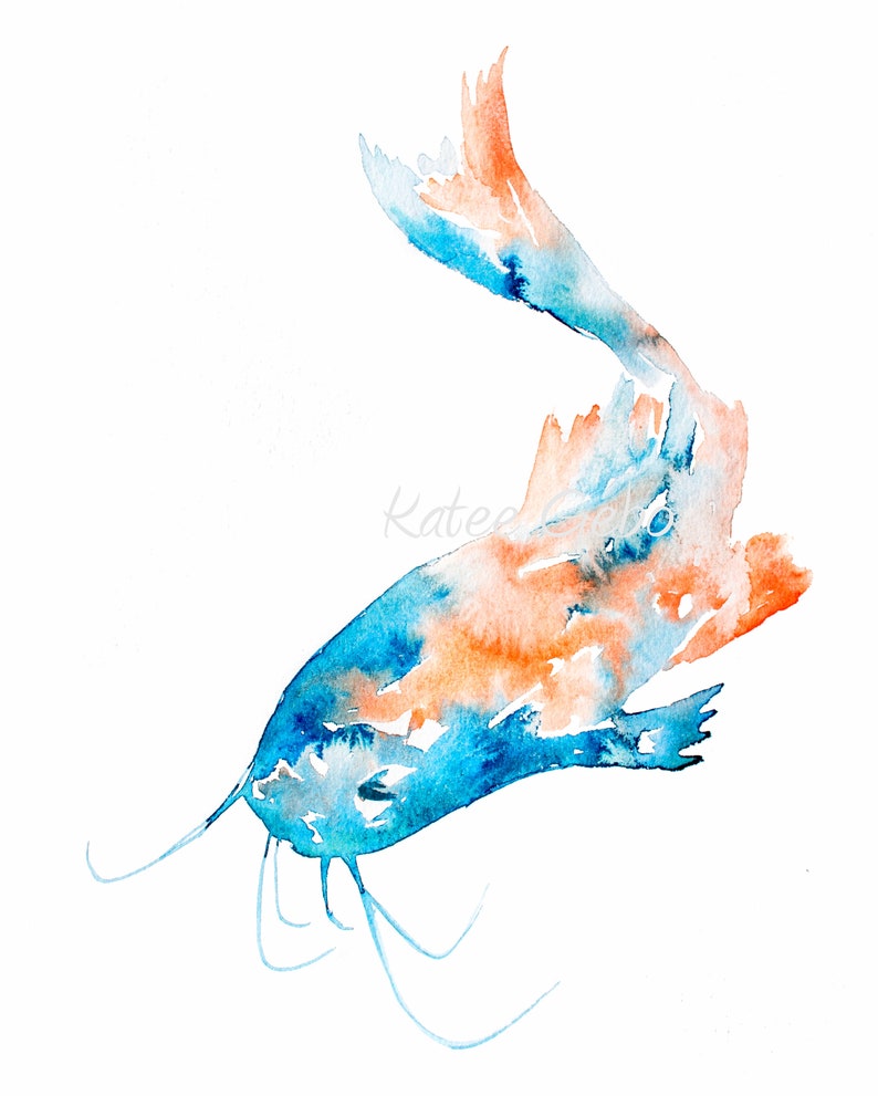 Poisson-chat peintures lot de 3, imprimable téléchargement numérique 3 poissons tirages, orange bleu turquoise Teal Wall Art, lac maison cabine cuisine art mural image 3