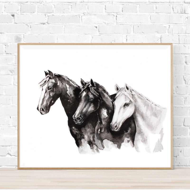Horse Wall Art Black and White Horse Painting Print of Etsy