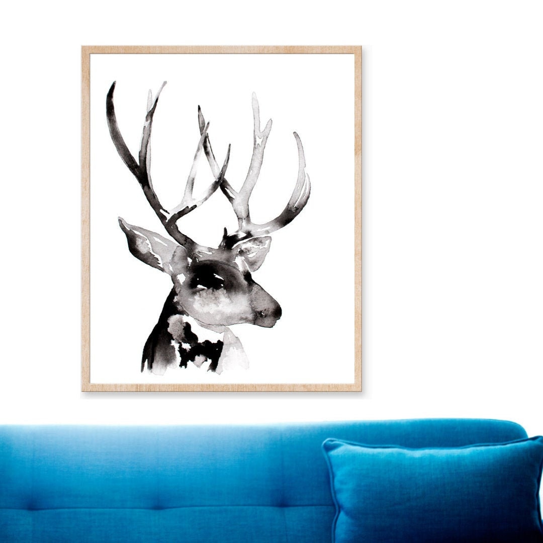Deer Wall Art, Black and White Abstract Wall Art, Ink Deer Painting ...