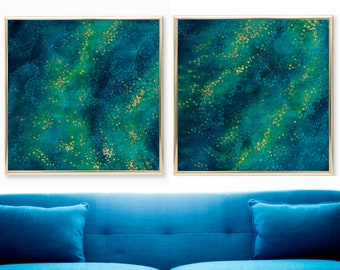 Set of 2 Teal Abstract Prints. Blue Green Gold Navy Indigo Teal Paintings, Prints of Original Oil Paintings, Square, Vertical or Horizontal