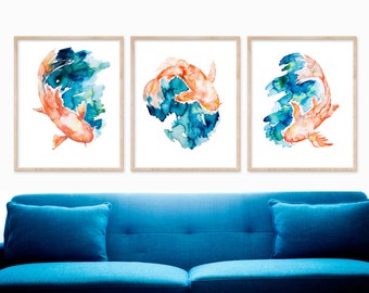 Set of 3 Koi Fish Watercolor Paintings, Abstract Set of Three Instant DIGITAL DOWNLOADS, PRINTABLE Koi Wall Art, Blue Orange Teal Indigo Art