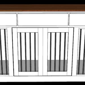 May include: White wooden dog crate with three drawers and two doors. The crate has a brown wood top and black metal bars.