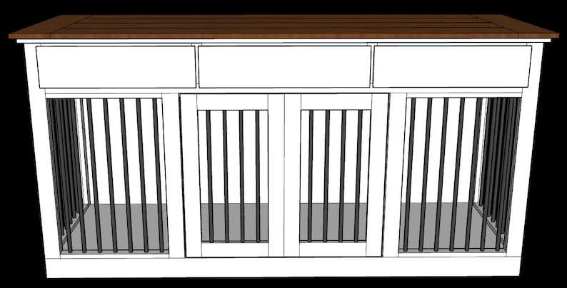 May include: White wooden dog crate with three drawers and two doors. The crate has a brown wood top and black metal bars.