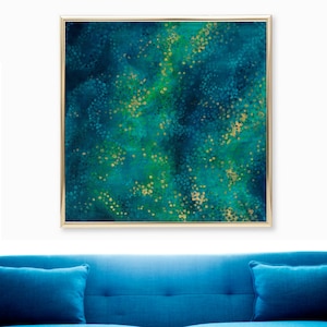 Abstract Print of Original Oil Painting, Teal Wall Art, Dark Blue Gold Navy Indigo Green Abstract Painting, Wall Art for Bedroom Living Room