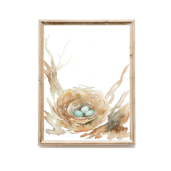 Bird Nest Painting, Bird Nest Print, INSTANT PRINTABLE DIGITAL Download Robin 3 Eggs Watercolor, Gift for Mother, Wall Art Woodland Nursery