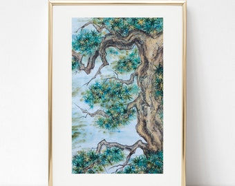 Pine Tree Painting IMPRIMABLE TÉLÉCHARGEMENT NUMÉRIQUE, Vieil arbre en japonais, style chinois, encre aquarelle Wall Art vert, bleu, marron, or, Sumi-e